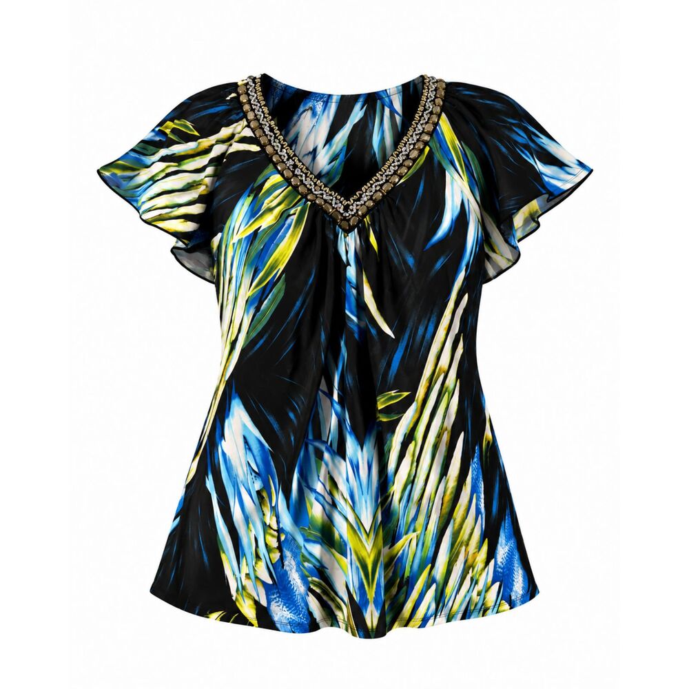Essentials 0X Women's Embellished Tropical Print V-Neck Blouse Plus Size